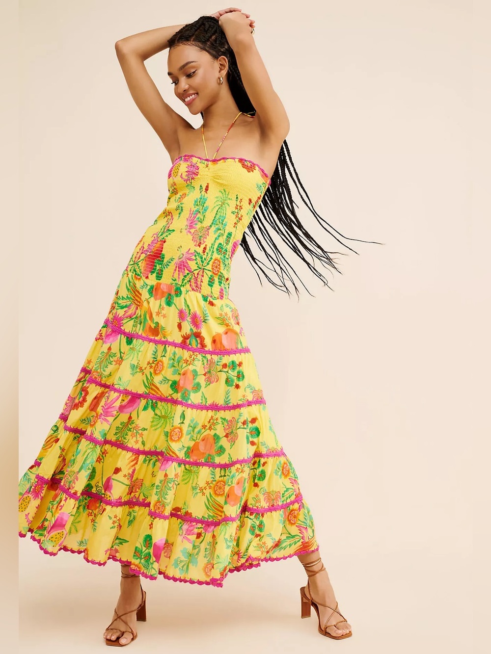 FARM Rio Delicate Fruit Garden Halter Maxi Dress Smocked Yellow Pink Size M